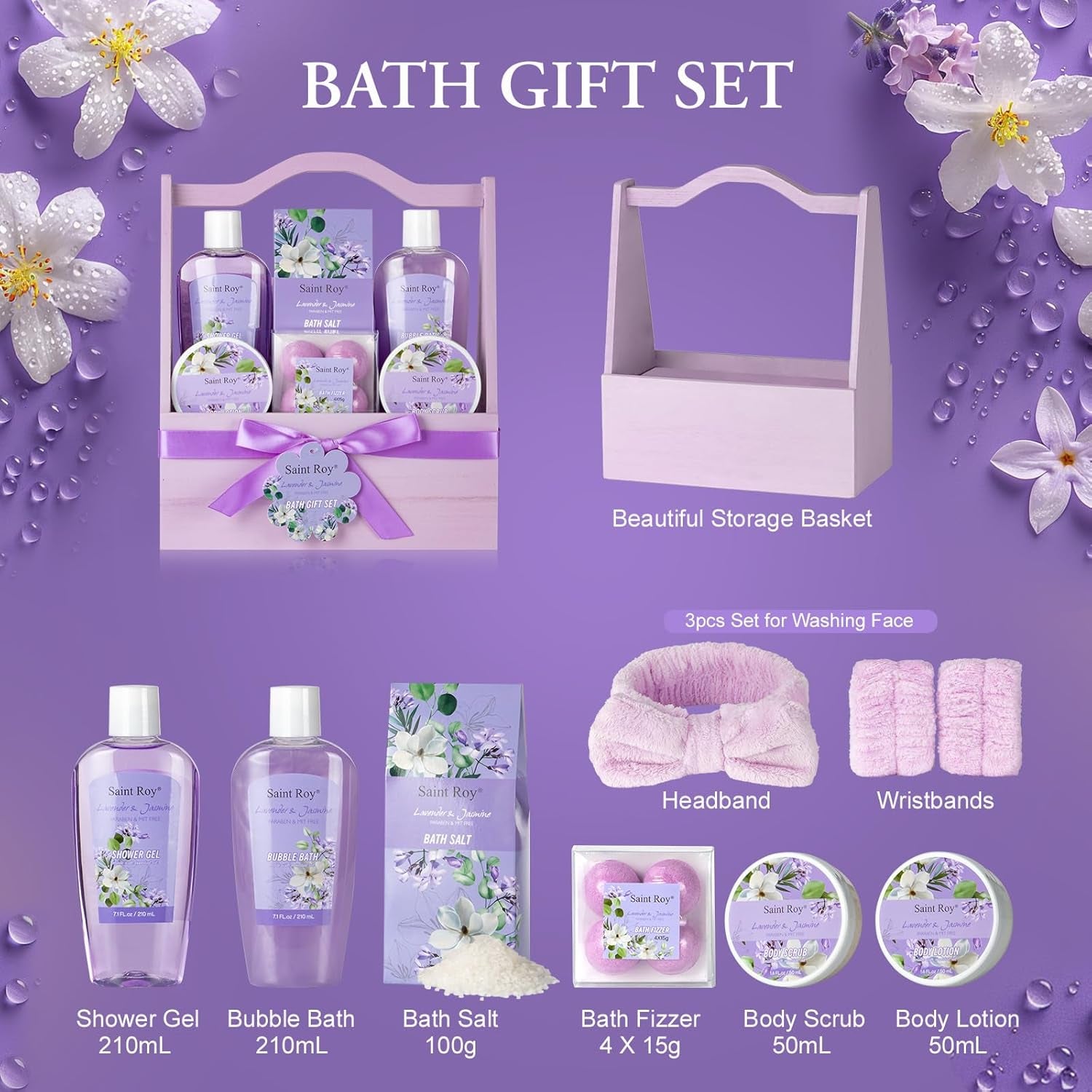 Mothers Day Gifts for Women, Bath and Body Gift Basket Set for Women, Birthday Gifts for Woman Self Care Get, Jasmine Spa Gift Basket 13-Pcs Bath Gift Set, Home Spa Gift Basket, Lavender Gift Baskets