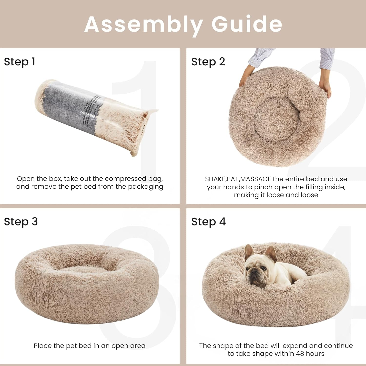 Calming Dog & Cat Bed, Cat Bed for Indoor Cats, Anti-Anxiety Donut round Bed, Fluffy Warming Pet Bed for Small Medium Dogs and Cats, Beige Taupe 20"/24"