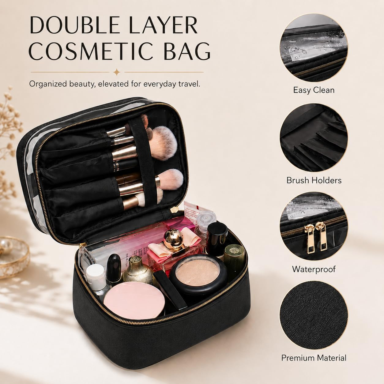 3PCS PU Leather Makeup Bag, Large Travel Cosmetic Pouch, Cute Toiletry Organizer for Women, Black