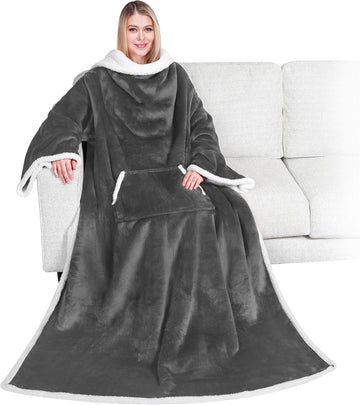 Sherpa Wearable Blanket with Sleeves and Pocket, Plush Thick Cozy Body Blanket Wrap for Adult Women Men, for Wife Mom, Dark Grey