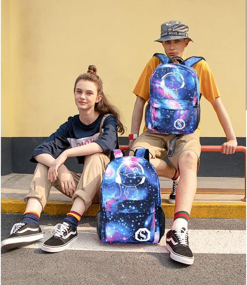 School Backpack for Teen Boy Girl, Anime Luminous Backpack Waterproof Student Bookbag with USB Charging Port&Lock &Pencil Case, 15.6'' Laptop Bag Anti-Theft Lightweight Travel Daypack, Pink