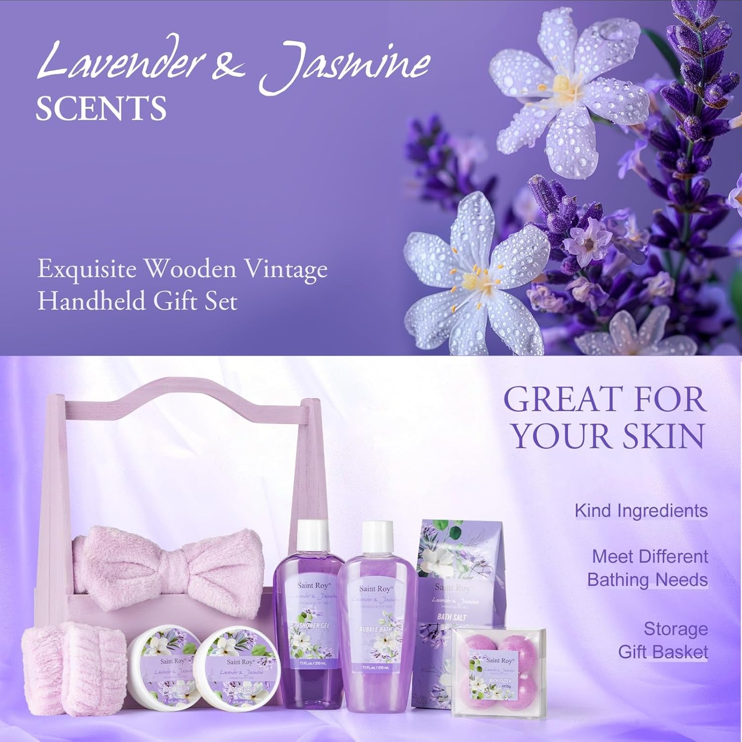 Mothers Day Gifts for Women, Bath and Body Gift Basket Set for Women, Birthday Gifts for Woman Self Care Get, Jasmine Spa Gift Basket 13-Pcs Bath Gift Set, Home Spa Gift Basket, Lavender Gift Baskets