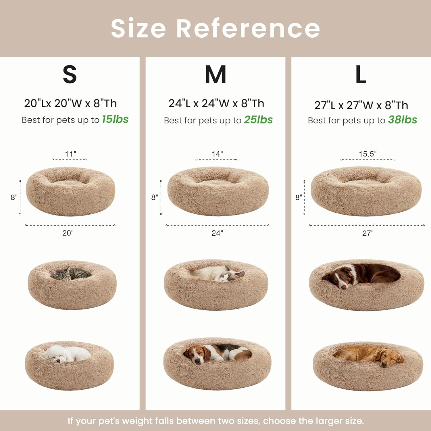 Calming Dog & Cat Bed, Cat Bed for Indoor Cats, Anti-Anxiety Donut round Bed, Fluffy Warming Pet Bed for Small Medium Dogs and Cats, Beige Taupe 20"/24"