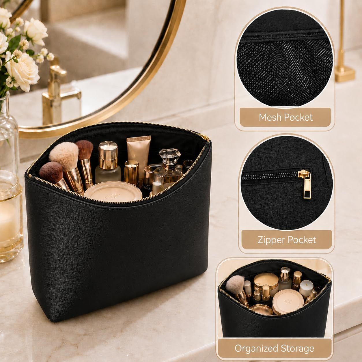 3PCS PU Leather Makeup Bag, Large Travel Cosmetic Pouch, Cute Toiletry Organizer for Women, Black