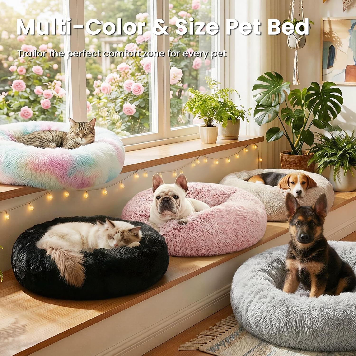 Calming Dog & Cat Bed, Cat Bed for Indoor Cats, Anti-Anxiety Donut round Bed, Fluffy Warming Pet Bed for Small Medium Dogs and Cats, Beige Taupe 20"/24"