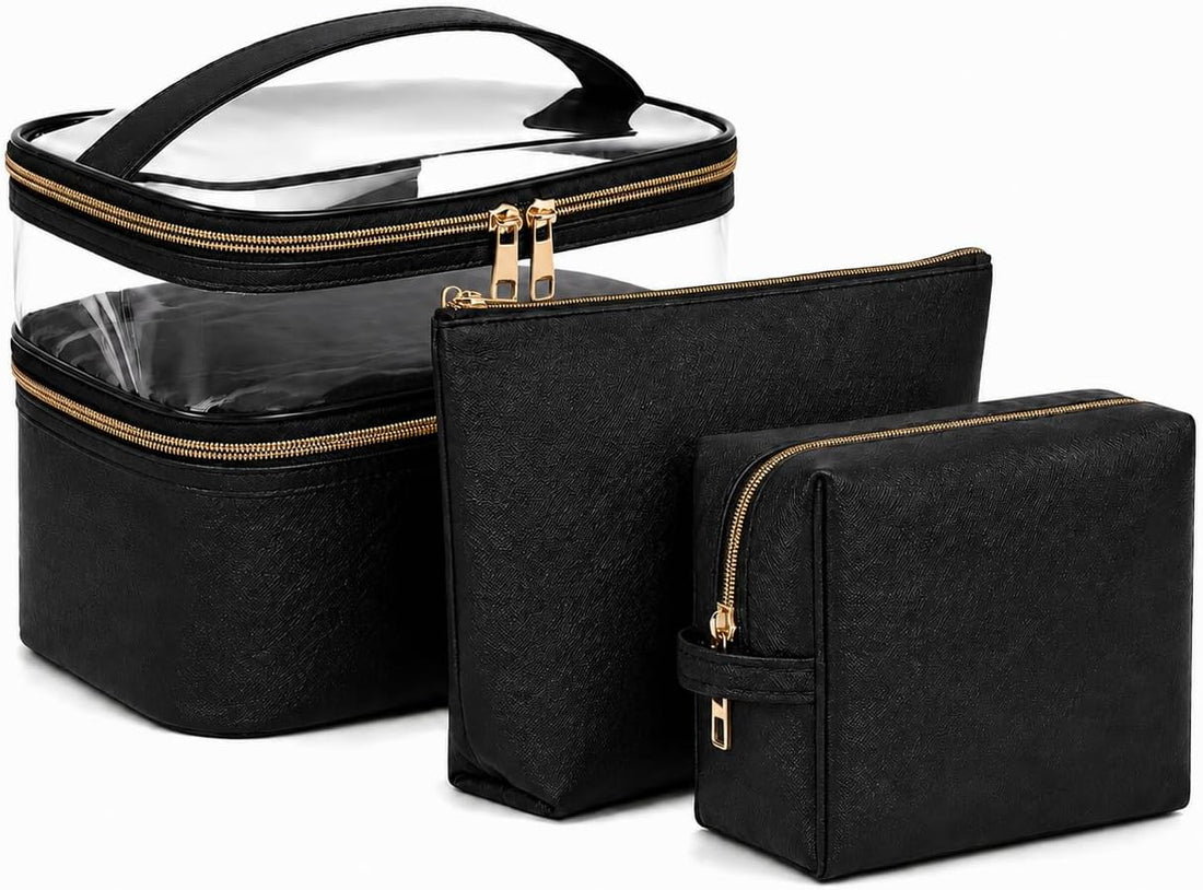3PCS PU Leather Makeup Bag, Large Travel Cosmetic Pouch, Cute Toiletry Organizer for Women, Black