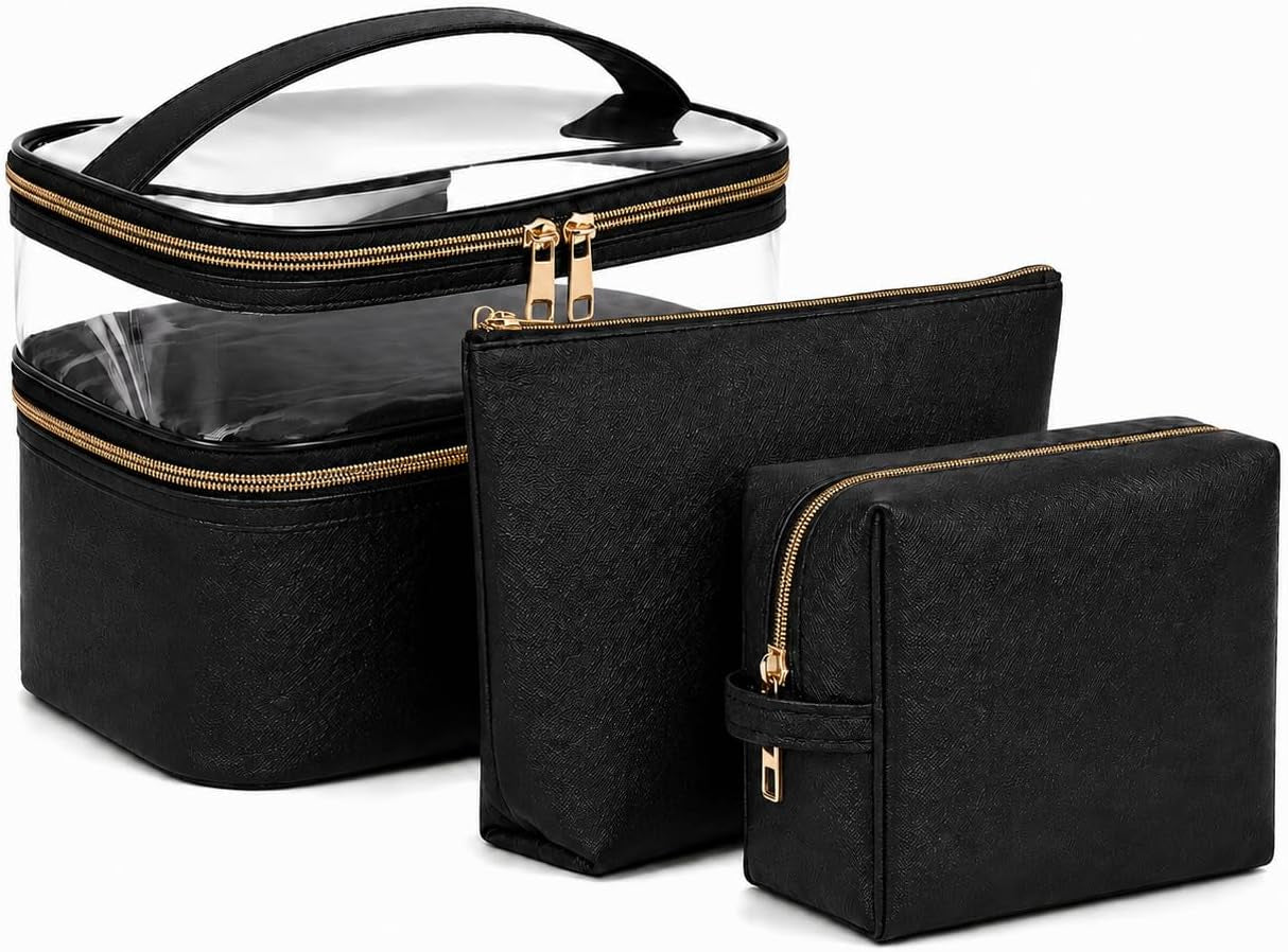 3PCS PU Leather Makeup Bag, Large Travel Cosmetic Pouch, Cute Toiletry Organizer for Women, Black
