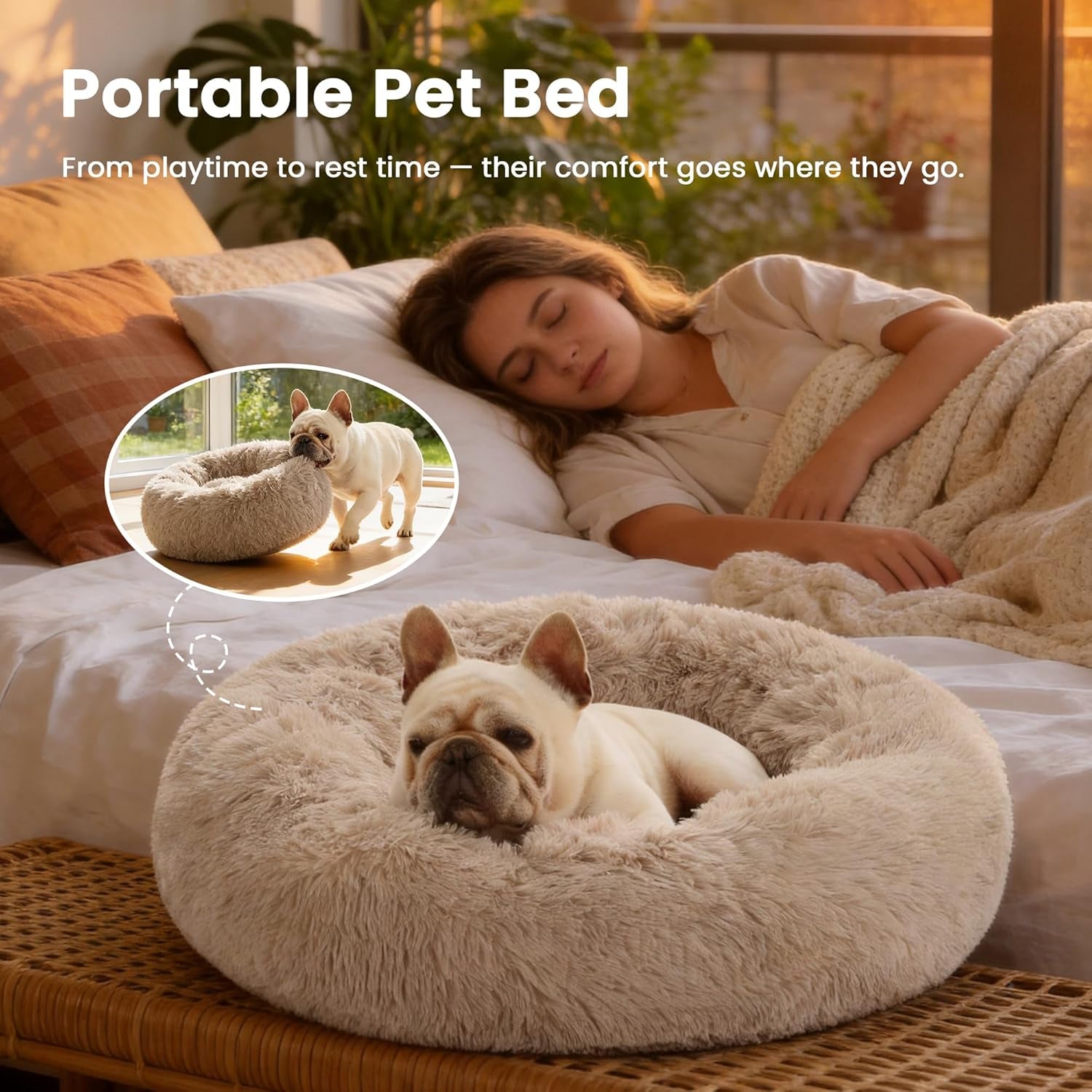 Calming Dog & Cat Bed, Cat Bed for Indoor Cats, Anti-Anxiety Donut round Bed, Fluffy Warming Pet Bed for Small Medium Dogs and Cats, Beige Taupe 20"/24"