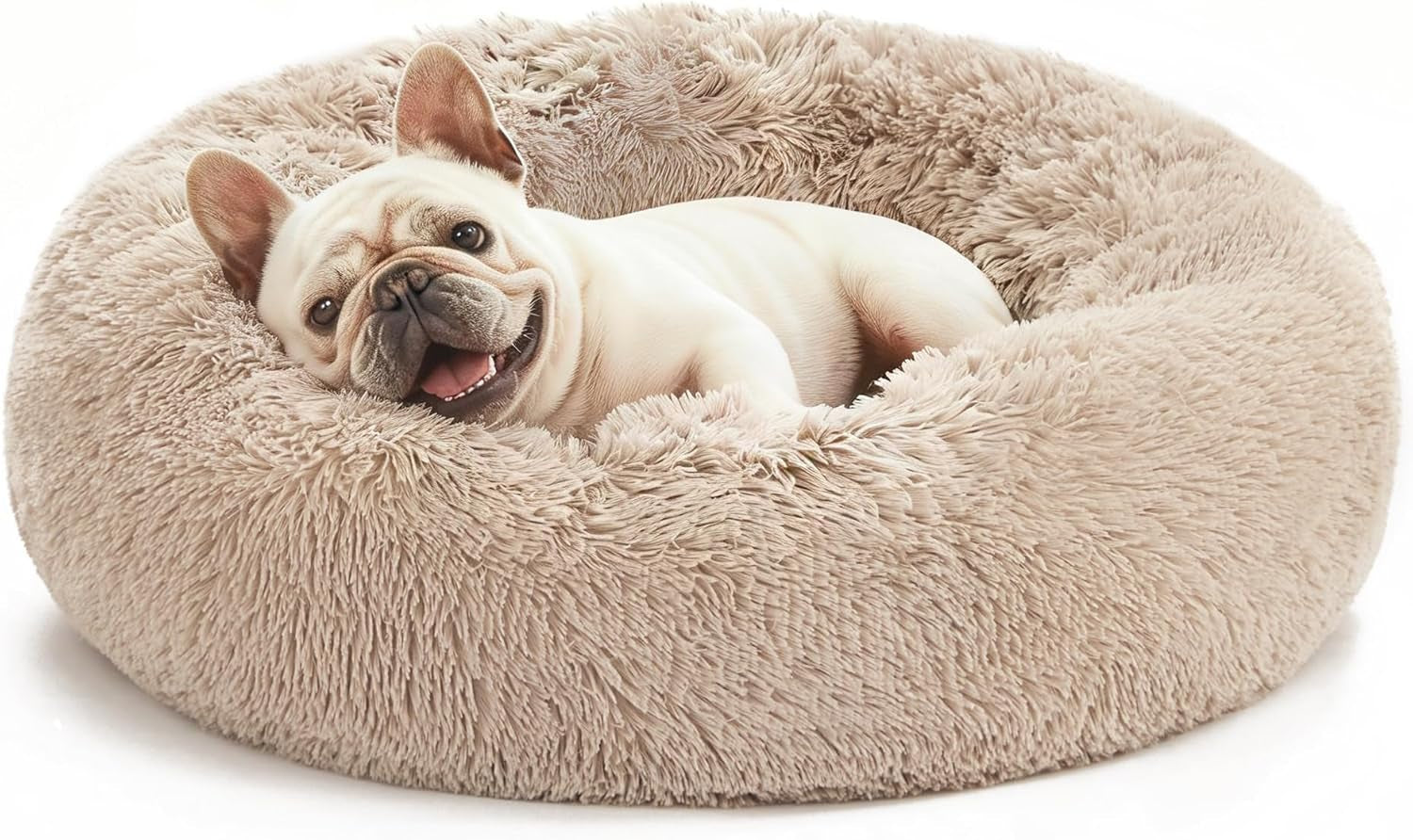 Calming Dog & Cat Bed, Cat Bed for Indoor Cats, Anti-Anxiety Donut round Bed, Fluffy Warming Pet Bed for Small Medium Dogs and Cats, Beige Taupe 20"/24"