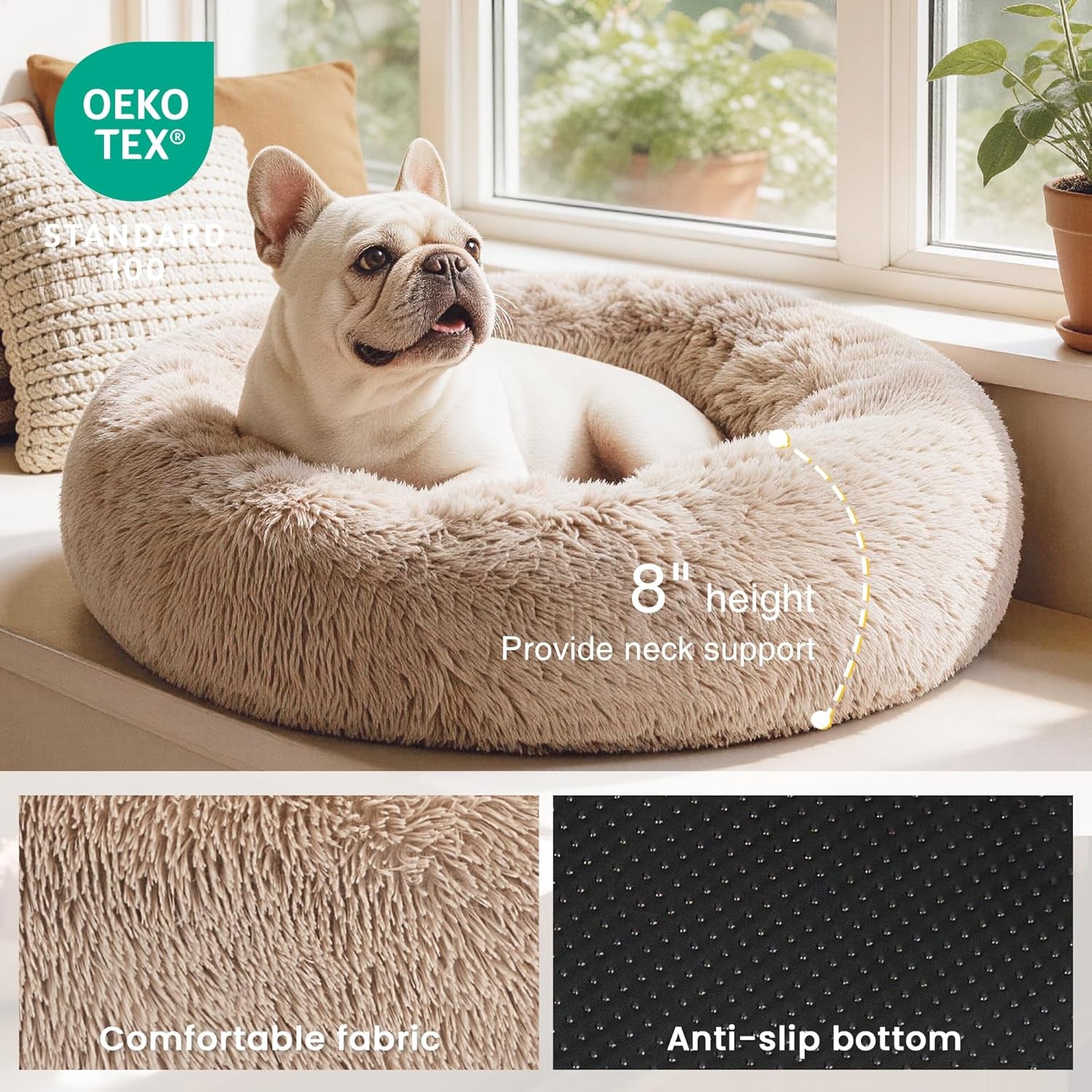 Calming Dog & Cat Bed, Cat Bed for Indoor Cats, Anti-Anxiety Donut round Bed, Fluffy Warming Pet Bed for Small Medium Dogs and Cats, Beige Taupe 20"/24"